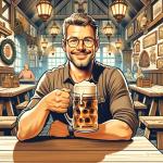 DALL·E 2023-11-17 16.27.44 - An illustration of a middle-aged Caucasian man with short hair and glasses, sitting at a rustic wooden table in a cozy, traditional German pub. He is .png